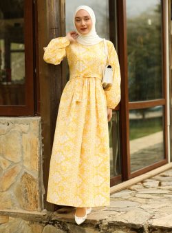 Tesettür Elbise Ceylan Otantik Sarı / Beyaz