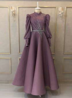 Tesettür Abiye Elbise Burak Baran Fashion Lila / Metalik