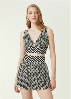 Beymen Siyah V Yaka Desenli Triko Bantlı Crop Bluz M