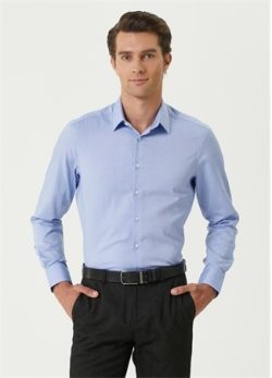 Beymen Erkek Comfort Fit Mavi Armürlü Non-iron Gömlek S