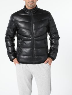 Slim Fit Şişme Siyah Erkek Suni Deri Mont Pu