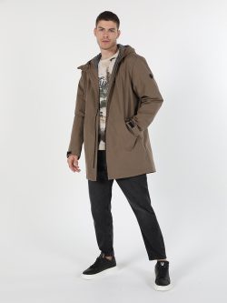 Regular Fit Kapüşonlu Bej Erkek Kaban