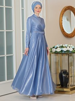Tesettür Abiye Elbise Ahunisa İndigo