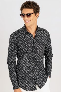 Slim Fit Uzun Kol Pamuk Baskılı Erkek Gömlek