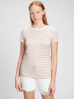 Kahverengi Çizgi Desenli Bisiklet Yaka T-Shirt