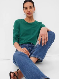 Koyu Yeşil Cep Detaylı Vintage Uzun Kollu T-Shirt