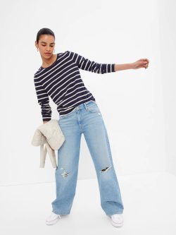 Lacivert Çizgili Cep Detaylı Vintage Uzun Kollu T-Shirt