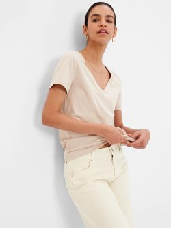 Bej Organik Pamuk V Yaka T-Shirt