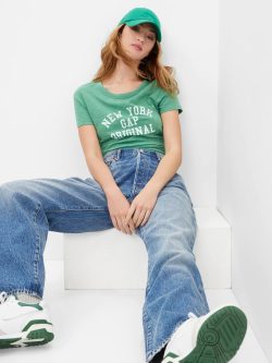 Yeşil Gap Logo ForeverSoft Grafik Baskılı T-Shirt