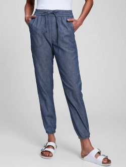 Koyu Mavi Herringbone Chambray Jogger Pantolon