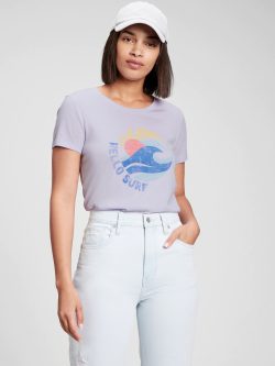 Lila Grafik Baskılı Bisiklet Yaka T-Shirt