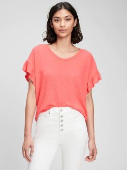 Turuncu Kolları Fırfırlı Keten T-Shirt