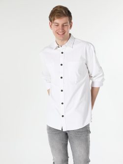 Comfort Fit Shirt Neck Beyaz Erkek Uzun Kol Gömlek