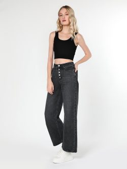 970 Berry Regular Fit Yüksek Bel Geniş Paça Siyah Kadın Jean Pantolon