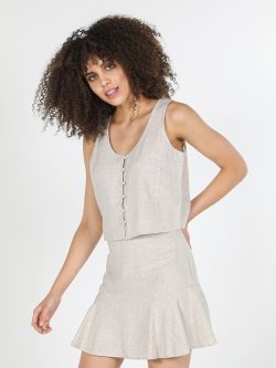 Slim Fit V Yaka Bej Kadın Kısa Kol Gömlek