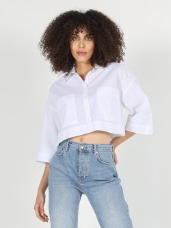 Regular Fit Crop Beyaz Kadın Uzun Kol Gömlek