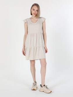 Regular Fit Fırfırlı Bej Kadın Elbise