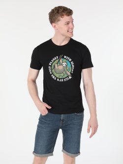 Regular Fit Bisiklet Yaka Baskılı Siyah Erkek Kısa Kol Tişört