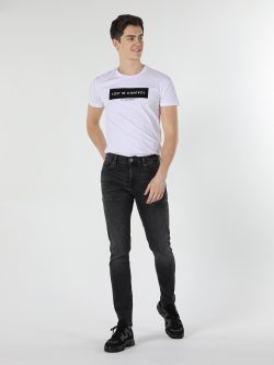 Slim Fit Bisiklet Yaka Yazı Baskılı Erkek Beyaz Kısa Kol Tişört