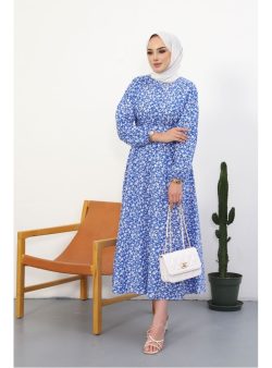 Tesettür Elbise Bestenur Saks Mavisi