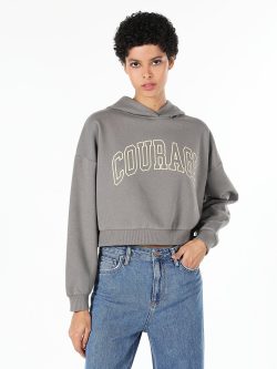 Comfort Fit Kapüşonlu Baskılı Koyu Gri Kadın Sweatshirt