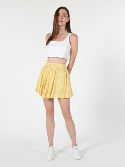 Mini Çiçek Baskılı Kadın Sarı Etek