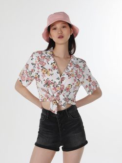 Regular Fit Çiçek Baskılı Crop Kadın Çok Renkli Kısa Kol Gömlek