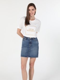 Comfort Fit Bisiklet Yaka Yazı Baskılı Kadın Beyaz Kısa Kol Tişört