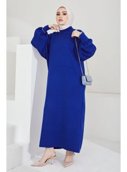 Triko Tesettür Elbise InStyle Saks Mavisi