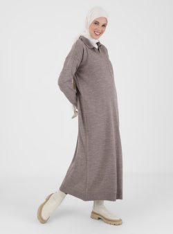 Triko Tesettür Elbise Refka Vizon