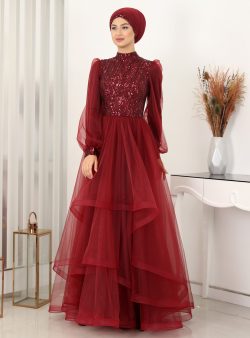 Tesettür Abiye Elbise Surikka Bordo