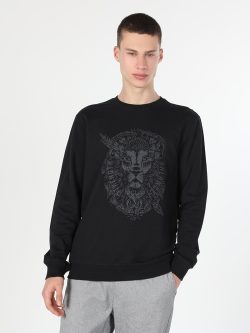 Regular Fit Baskılı Siyah Erkek Sweatshirt
