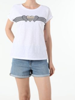 Regular Fit Bisiklet Yaka Örme Kadın Beyaz Yarasa Tişört