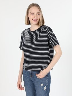 Regular Fit Bisiklet Yaka Çizgili Lacivert Kadın Kısa Kol Tişört