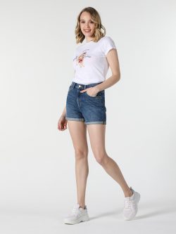 Slim Fit Bisiklet Yaka Baskılı Beyaz Kadın Kısa Kol Tişört