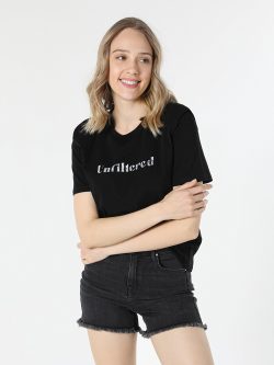 Regular Fit Bisiklet Yaka Yazı Baskılı Siyah Kadın Kısa Kol Tişört