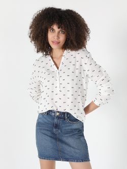 Regular Fit Baskılı Kadın Beyaz Uzun Kol Gömlek