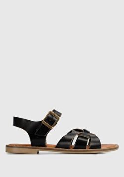 Siyah Deri Kadin Düz Sandalet