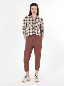 Regular Fit Kareli Cepli Bej Kadın Uzun Kol Gömlek