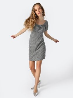 Regular Fit Mini Kareli Siyah Kadın Elbise