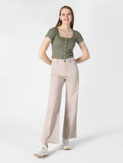 Slim Fit Düğmeli Yeşil Kadın Kısa Kol Tişört