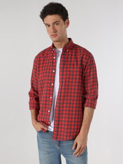 Regular Fit Kareli  Kırmızı Erkek Uzun Kol Gömlek