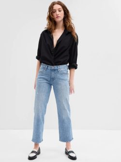 Açık Mavi Low Rise Distressed Straight Crop Washwell™ Jean Pantolon