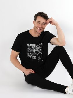 Regular Fit Bisiklet Yaka Baskılı Siyah Erkek Kısa Kol Tişört
