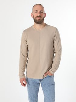Regular Fit Bisiklet Yaka Normal Kesim Bej Erkek Uzun Kol Tişört