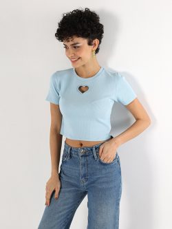 Dar Kesim Bisiklet Yaka Baskılı Mavi Kadın Kısa Kol Tişört