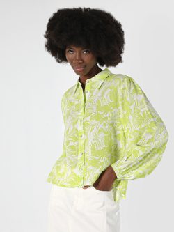 Regular Fit Baskılı Yeşil Kadın Uzun Kol Gömlek