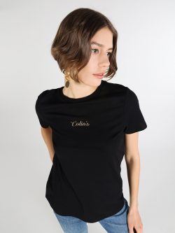 Regular Fit Bisiklet Yaka Baskılı Siyah Kadın Kısa Kol Tişört