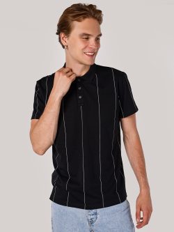 Regular Fit Çizgili Siyah Erkek Polo Yaka Kısa Kol Tişört