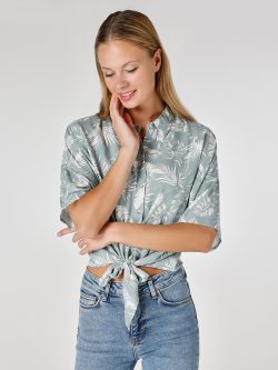 Regular Fit Baskılı Yeşil Kadın Kısa Kol Gömlek